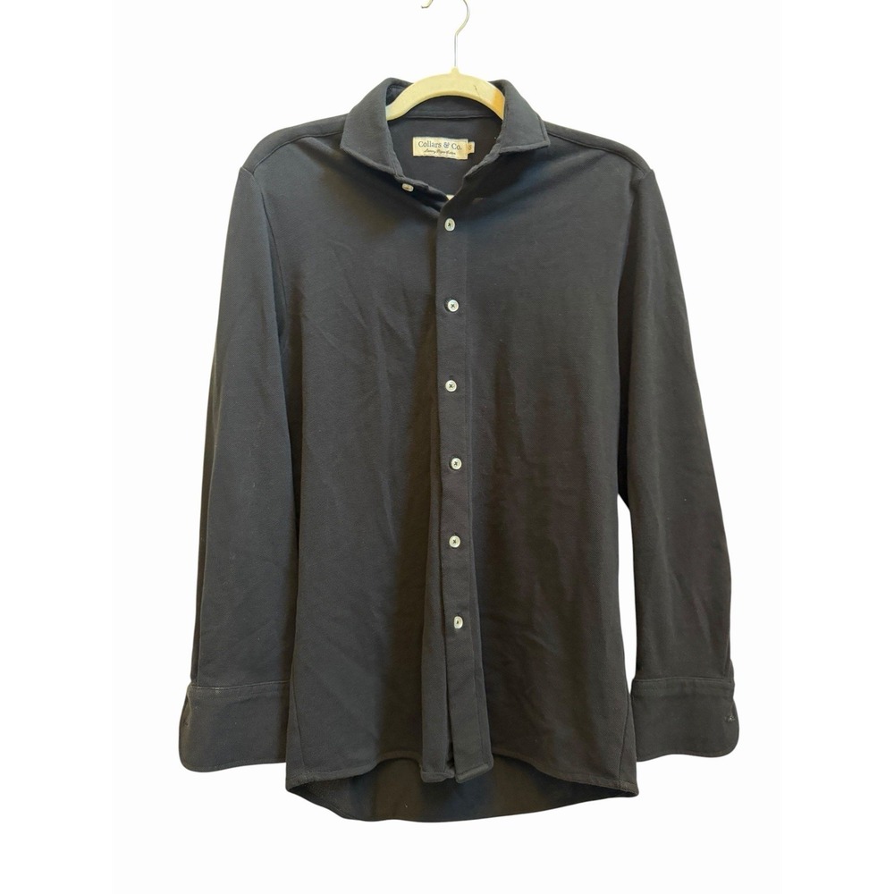 Collars & Co Mens Luxury Pique Cotton Polo Long Sleeve Shirt Button Black Sz S